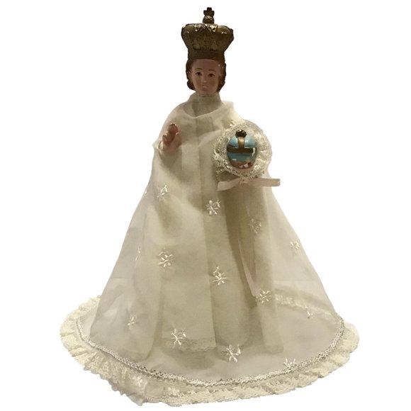 Vintage Infant of Prague Jesus Statue Chalkware Layer Gown Lace Trim Embroidered